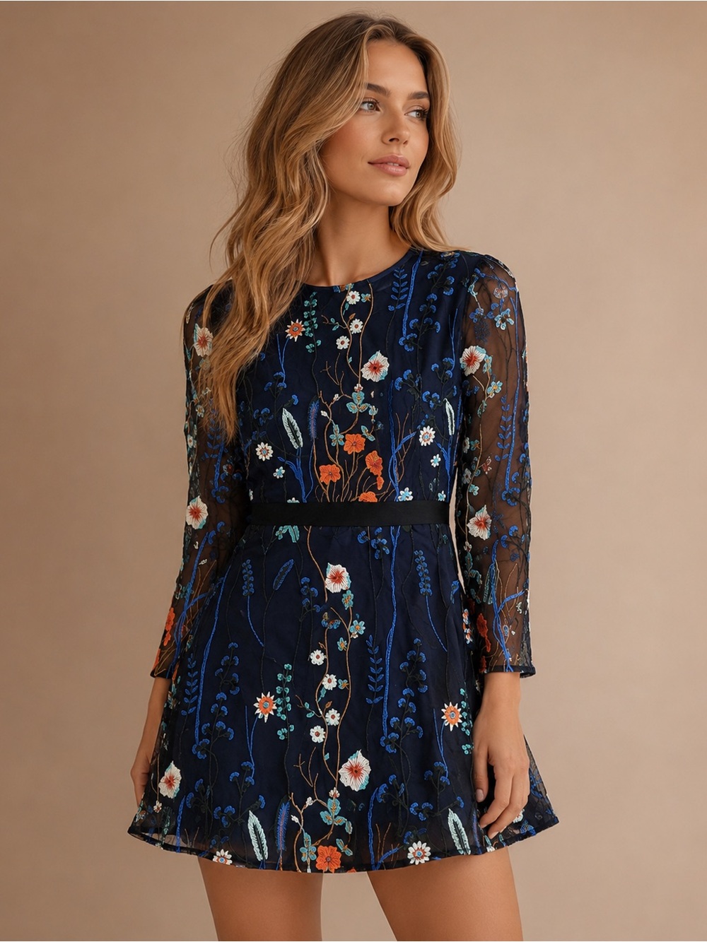 CBR Navy Floral Embroidered Mini Dress